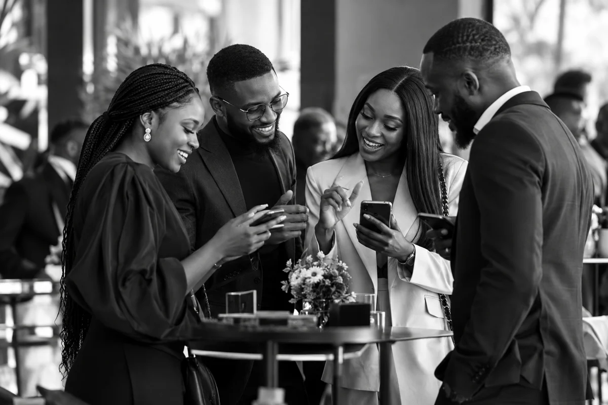 Participants using mobile phones at an engagement event