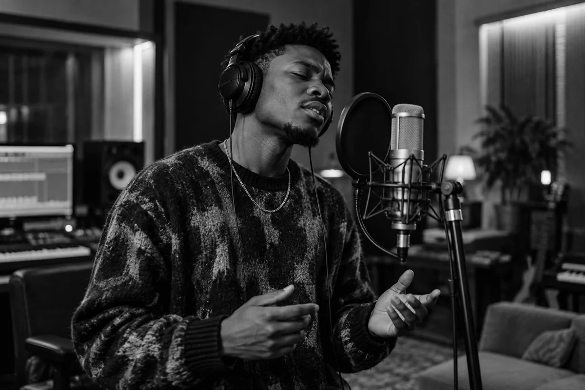 A recording artist at a studio microphone