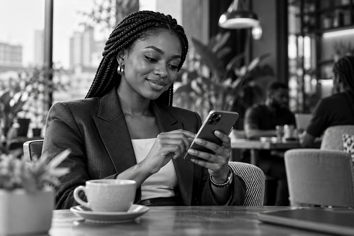 A woman using mobile digital services in a cafe